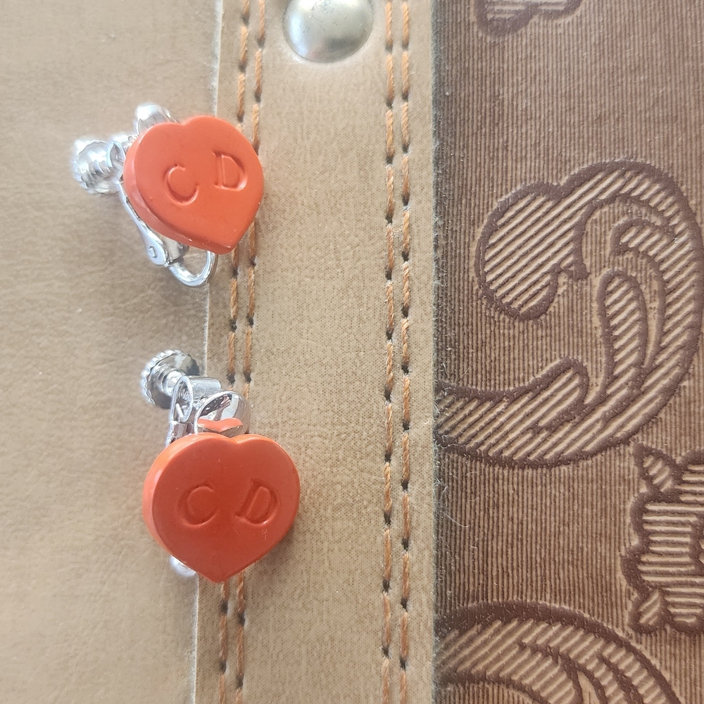 Christian Dior Resin Reddish Orange and Silver CD Heart Earrings